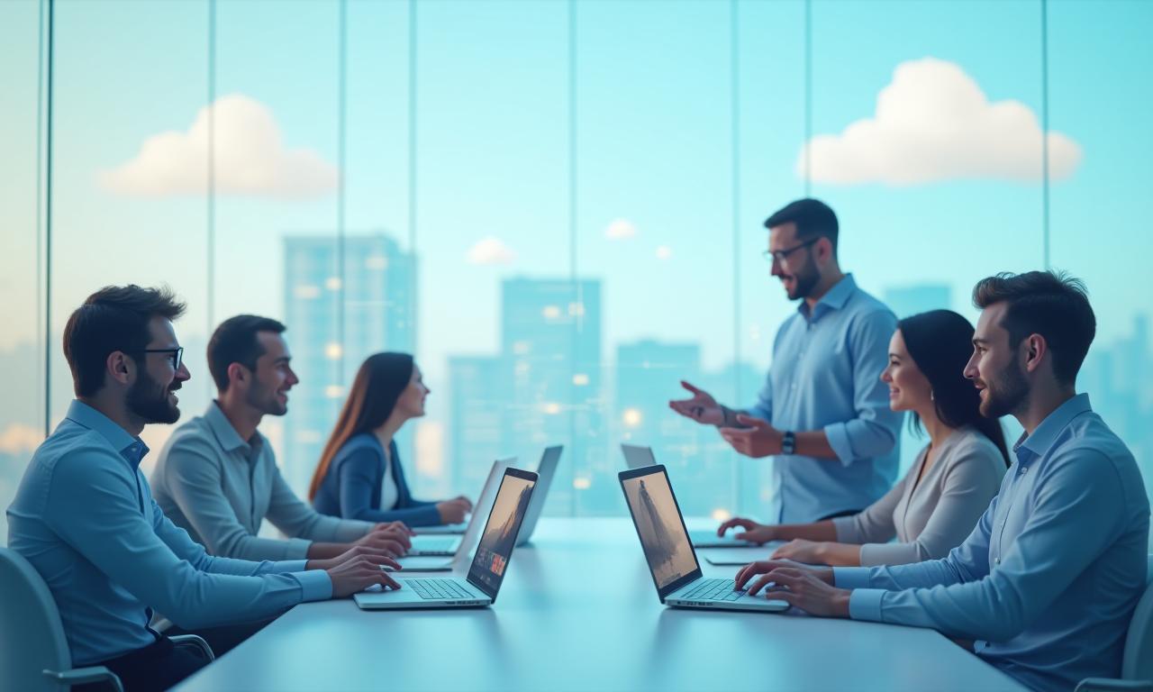 Team collaborating remotely via cloud software